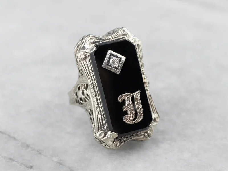 Women's engagement rings-Deco Black Onyx and Diamond "J" Initial Ring