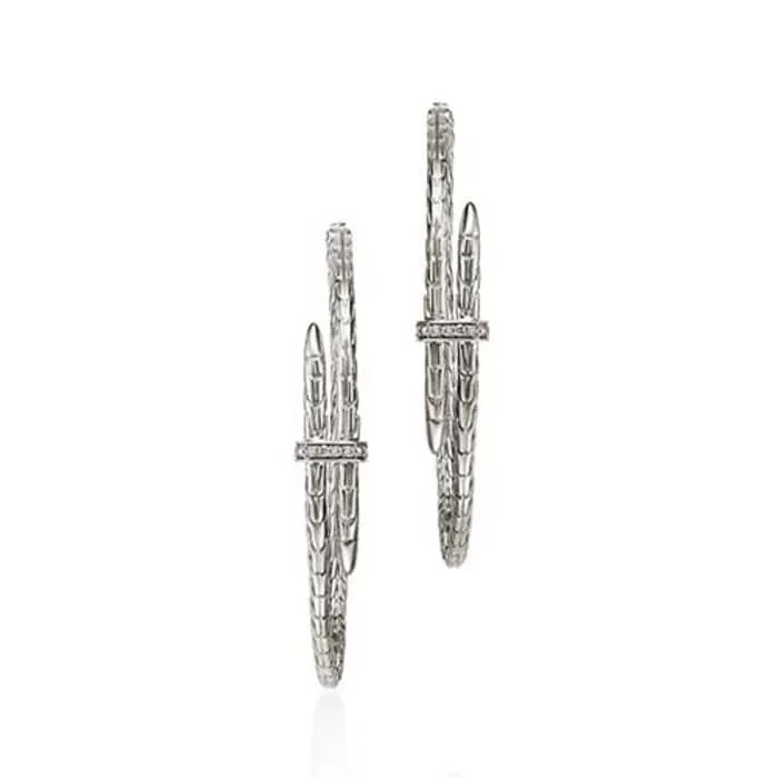 Women's minimalist earrings-John Hardy Spear Hoop Earrings with Diamonds in Sterling Silver