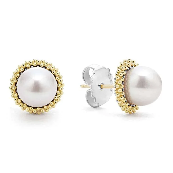 Women's custom engraving earrings-LAGOS Two-Tone Caviar Pearl Stud Earrings in Sterling Silver and 18K Yellow Gold