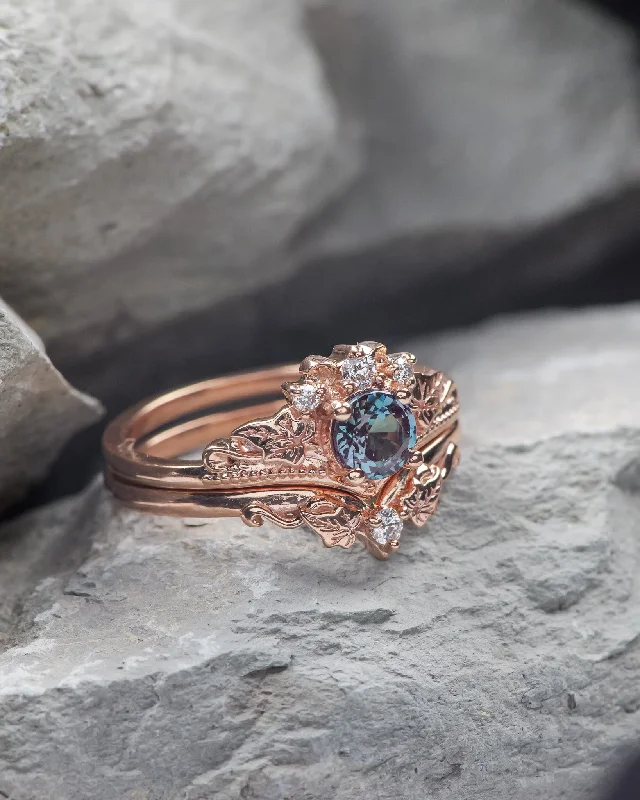 Women's luxury gift rings-READY TO SHIP: Ariadne bridal ring set with alexandrite and lab grown diamonds, 14K rose gold, RING SIZES: 5.5 - 10.25 US