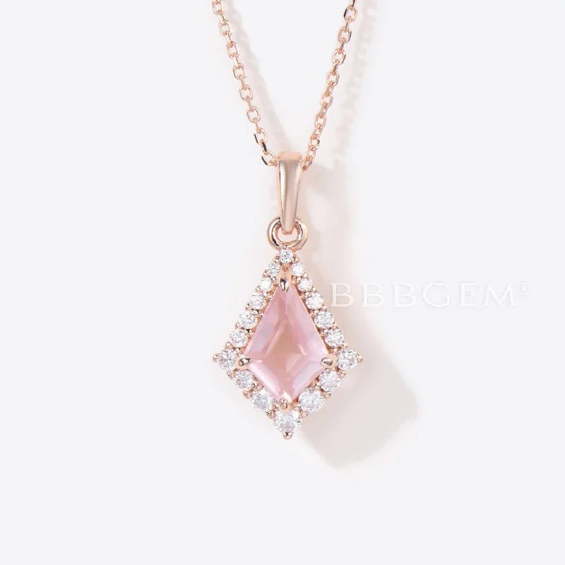 Women's gold necklaces-Kite Rose Quartz Necklace Rose Gold Halo Moissanite Pendant