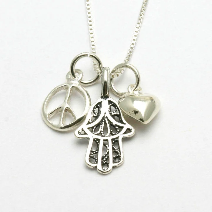 Modern women's necklaces-Sterling Silver Hamsa Heart Peace Sign Charm Necklace