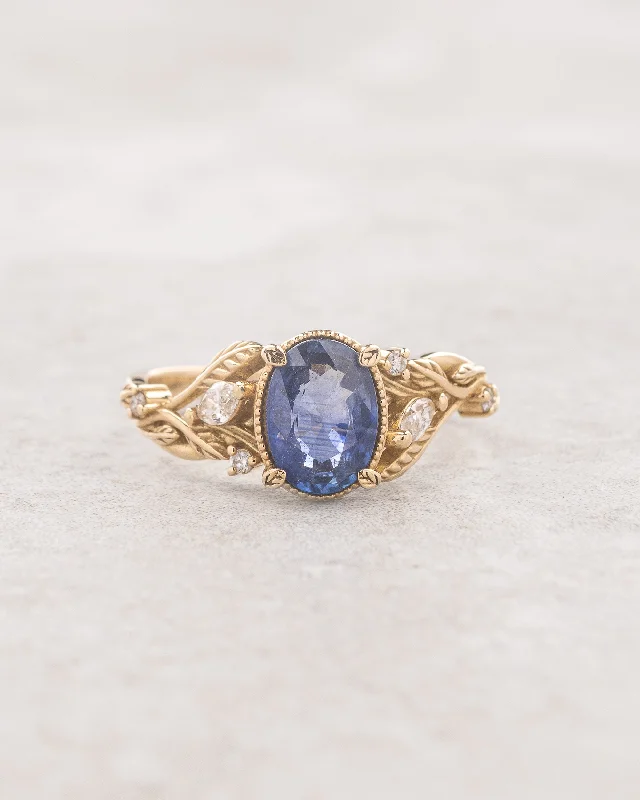 Women's engagement rings-READY TO SHIP: Patricia ring in 18K yellow gold, natural vivid blue sapphire 8x6 mm, accent lab grown diamonds, AVAILABLE RING SIZES: 5.5 - 8.5 US