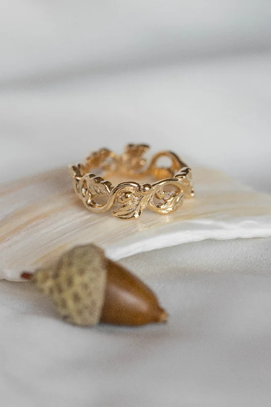 Affordable women's rings-READY TO SHIP: Oak leaves and acorns wedding ring in 14K yellow gold, AVAILABLE RING SIZES - 5.5, 8.5 US