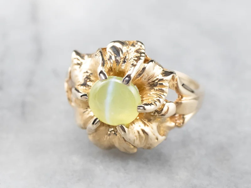 Women's formal rings-Gold Flower Cat's Eye Chrysoberyl Ring