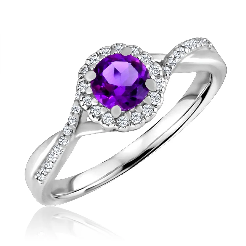 Women's holiday rings-Amethyst and Diamond Halo February Birthstone Ring in Sterling Silver