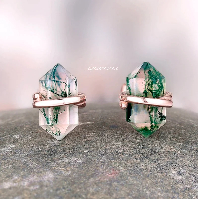 Affordable women's earrings-Raw Green Moss Agate Stud Earrings- 14K Rose Gold Vermeil