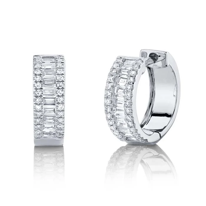 Women's symbolic earrings-Shy Creation Baguette Diamond Huggie Earrings in 14K White Gold