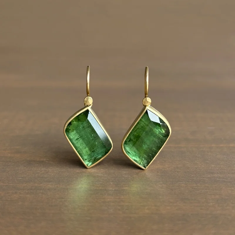 Women's K gold earrings-Off-Kilter Green Tourmaline Navette Earrings