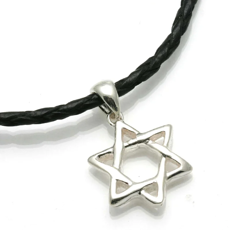 Women's eco-friendly necklaces-Sterling Silver Woven Star of David Black Leather Necklace