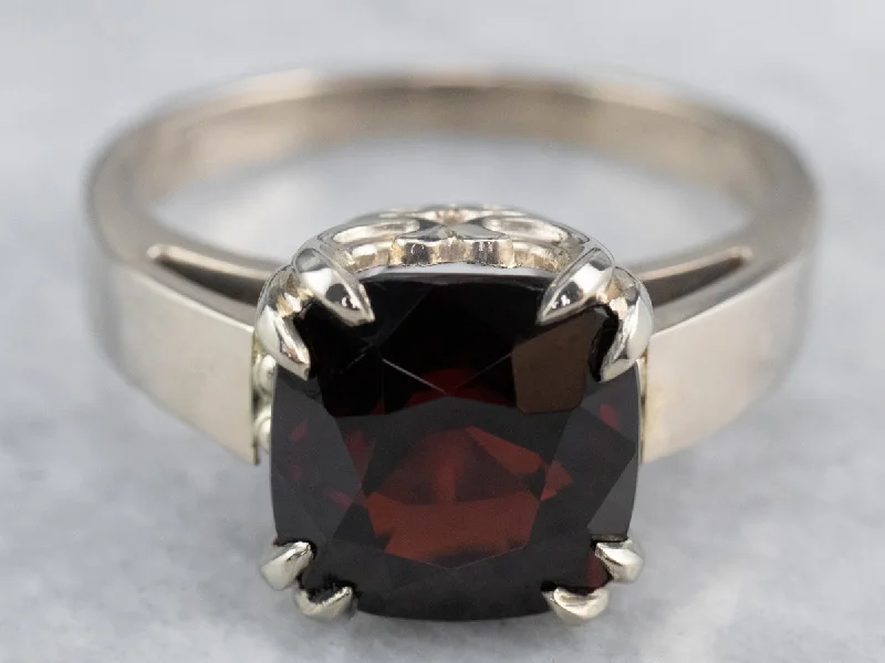 Women's bridal rings-Cushion Cut Garnet White Gold Solitaire Ring