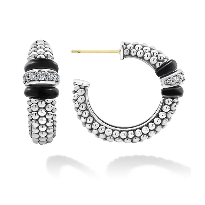 Women's zodiac earrings-LAGOS Black Ceramic Caviar Diamond Hoop Earrings in Sterling Silver