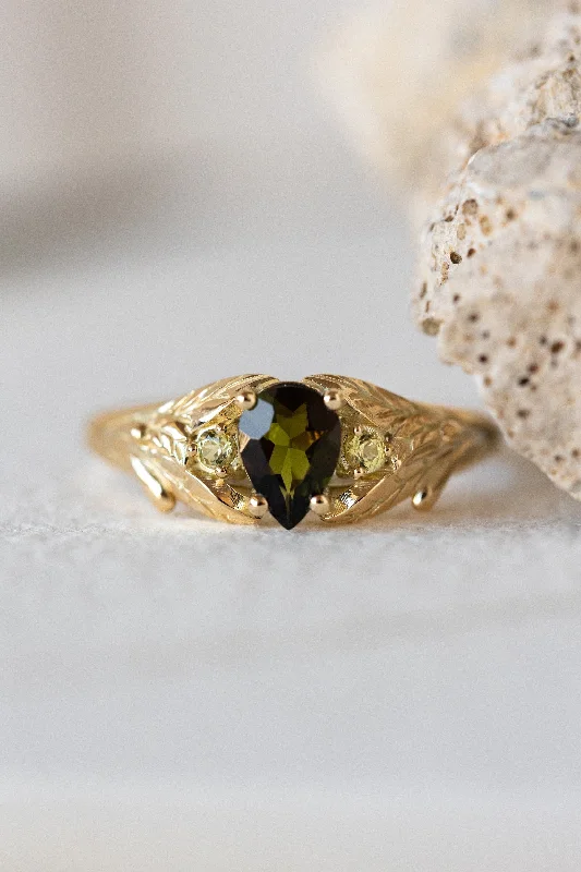 Women's DNA rings-READY TO SHIP: Wisteria ring in 14K yellow gold, green tourmaline pear cut 7x5 mm, accent yellow sapphires, AVAILABLE RING SIZES: 7 - 10 US