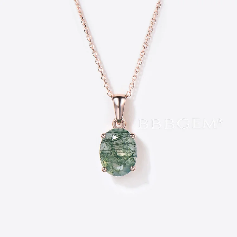 Women's luxury gift necklaces-2ct Oval Cut Natural Moss Agate Necklace 14k Rose Gold Charm Pendant