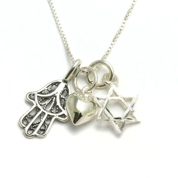 Women's layered necklaces-Sterling Silver Hamsa Heart Star of David Charm Necklace