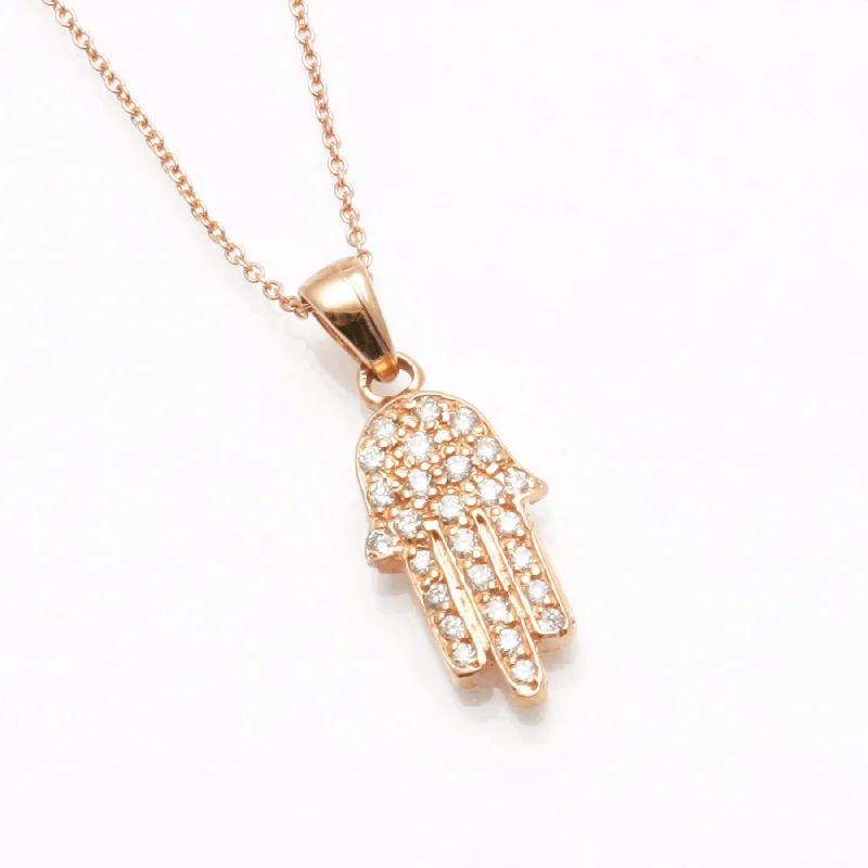 Women's modern design necklaces-14K Rose Gold Diamond Hamsa Pendant Hand Pave 1/4 carat Necklace