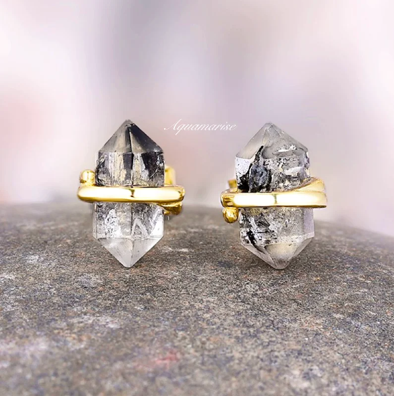 Women's statement earrings-Galaxy Raw Salt & Pepper (Herkimer) Diamond Stud Earrings- 14K Yellow Gold Vermeil