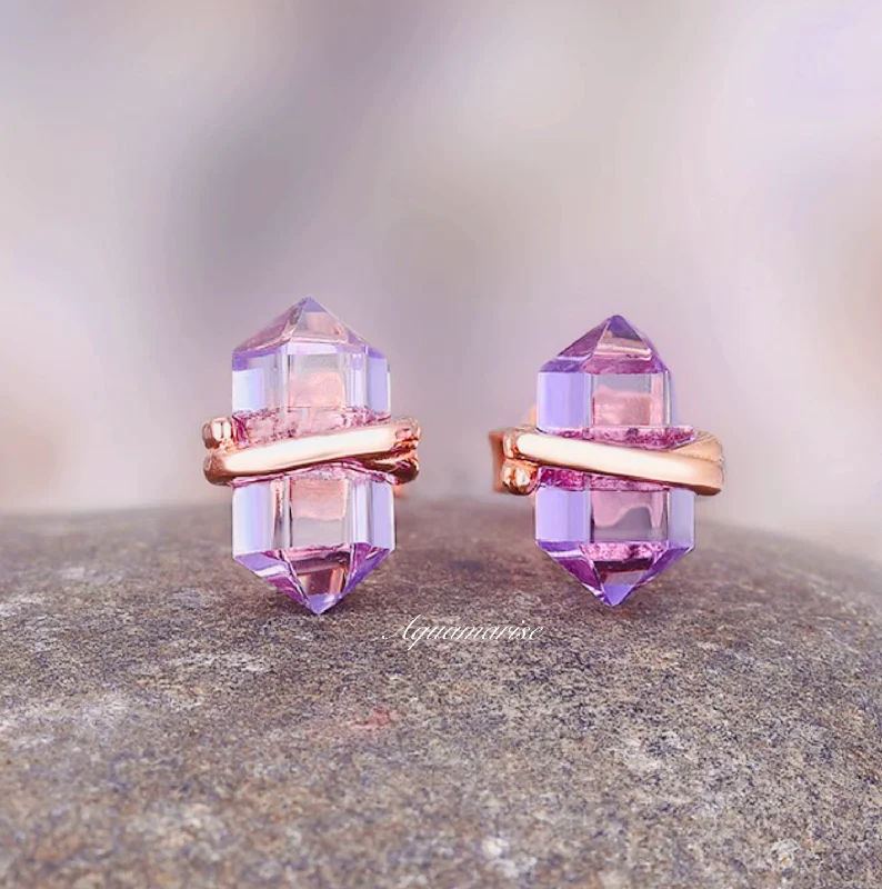 Handmade women's earrings-Minimalist Raw Alexandrite Stud Earrings- 14K Rose Gold Vermeil