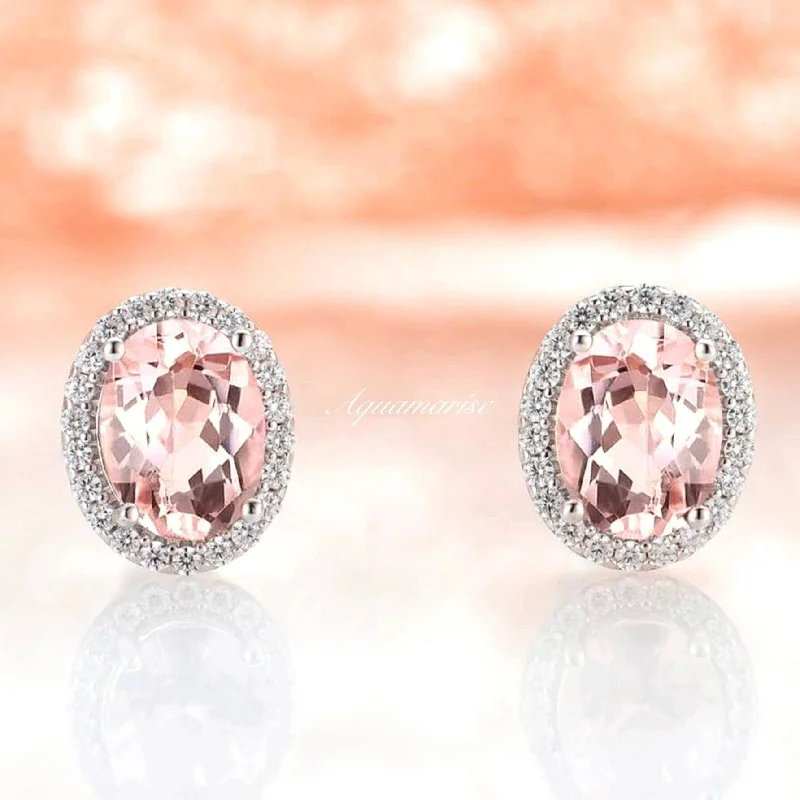 Women's Mother's Day earrings-Iris Oval Morganite Earrings- Sterling Silver