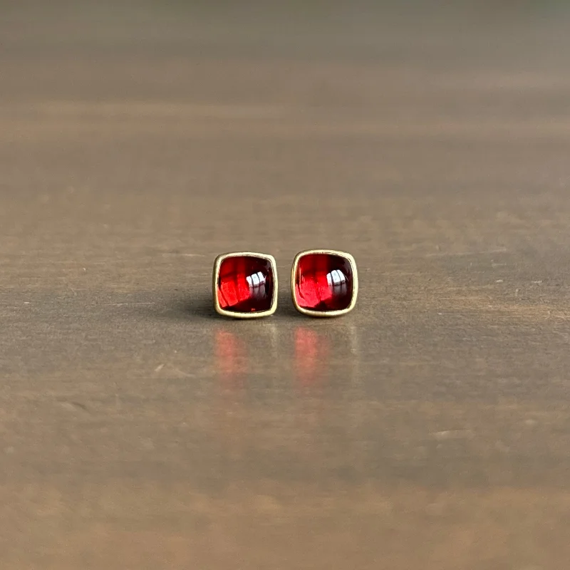 Women's crystal earrings-Garnet Cushion Stud Earrings