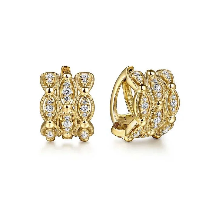 Women's cross earrings-Gabriel & Co. Bujukan Multi Row Diamond Huggie Earrings in 14K Yellow Gold