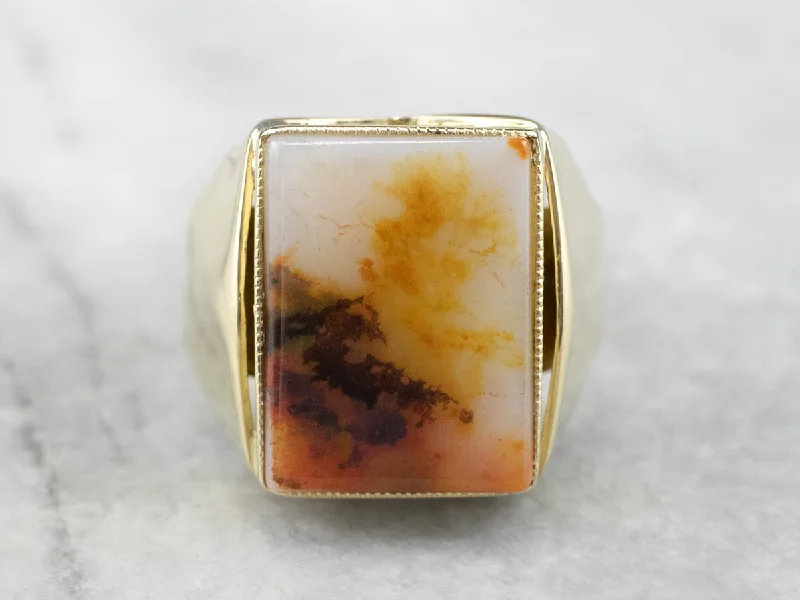 Women's seasonal rings-Men's Yellow Gold Agate Statement Ring