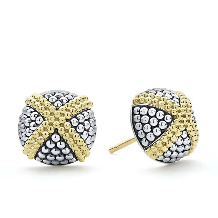 Women's symbolic earrings-LAGOS Two-Tone X Caviar Stud Earrings in Sterling Silver and 18K Yellow Gold