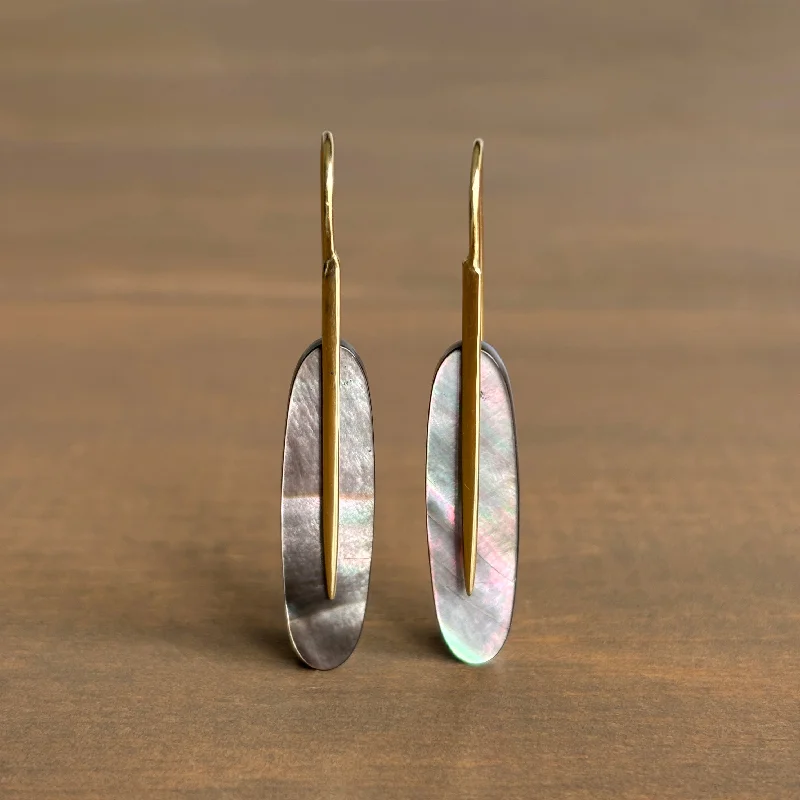 Women's fingerprint earrings-Medium Black Mother of Pearl Feather Earrings