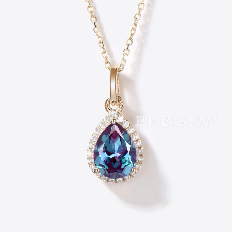 Women's luxury brand necklaces-Pear Shaped Alexandrite Necklace Halo Moissanite Pendant