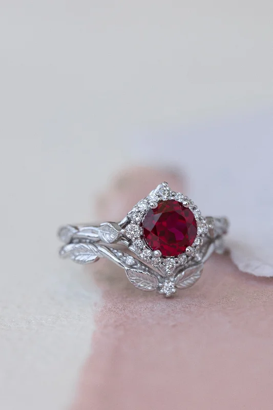 Women's mother-daughter rings-READY TO SHIP: Florentina ring set in 14K white gold, lab ruby round cut 6.5 mm, accent moissanites, AVAILABLE RING SIZES: 5.5 - 8.5 US