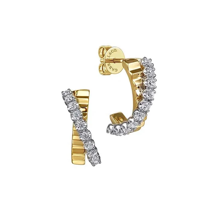 Women's family earrings-Gabriel & Co. Diamond J Hoop Stud Earrings in 14K Yellow and White Gold