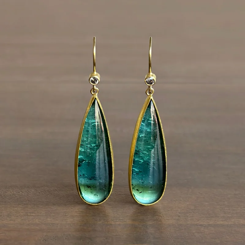 Women's leather earrings-Large Blue/Green Tourmaline Earrings with Diamond Tops