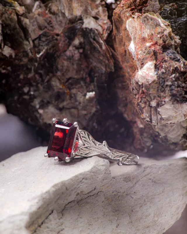 Women's holiday rings-READY TO SHIP: Freesia in 14K white gold, emerald cut garnet, AVAILABLE RING SIZE: 5.5 - 8.5 US