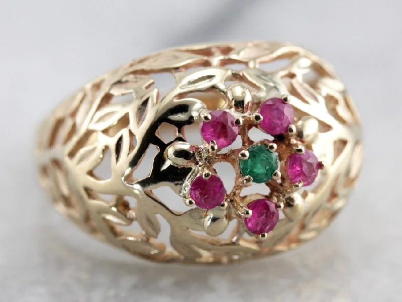 Trendy women's rings-High Domed Leaf Motif Emerald and Ruby Cluster Ring