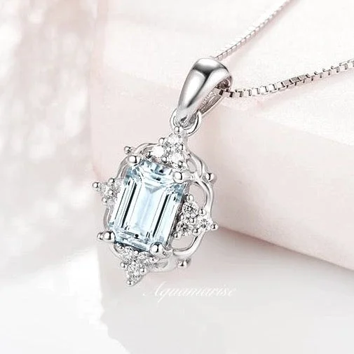 Women's charm earrings-Claire Vintage Emerald Cut Natural Aquamarine Necklace- Sterling Silver