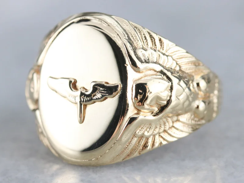 Women's unique rings-Vintage Military Eagle Gold Signet Ring