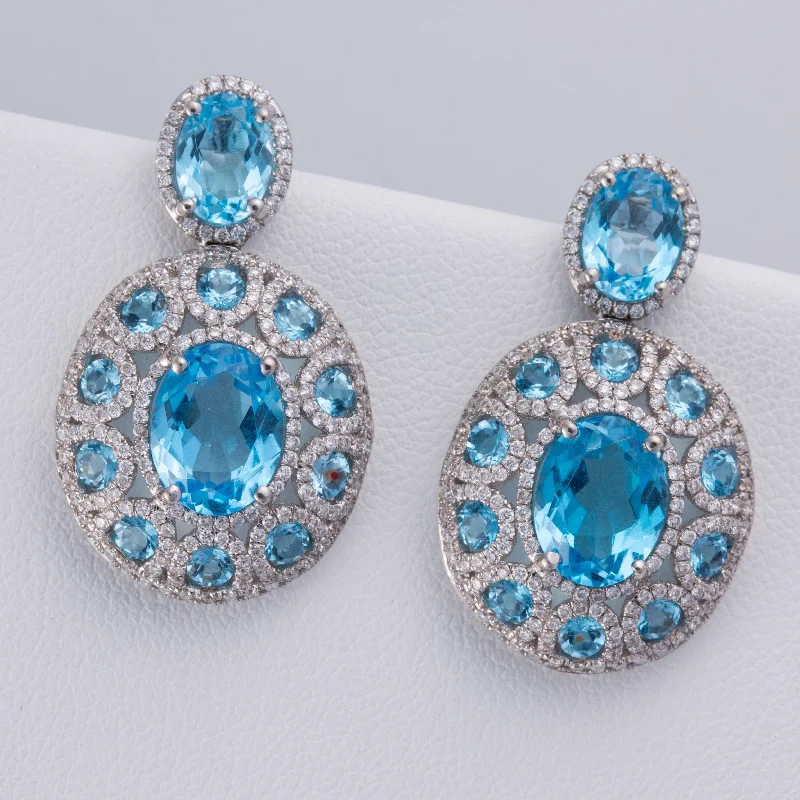 Affordable women's rings-18K White Gold Blue Topaz and Diamond Earring | 9.32ctw, 1.00ctw