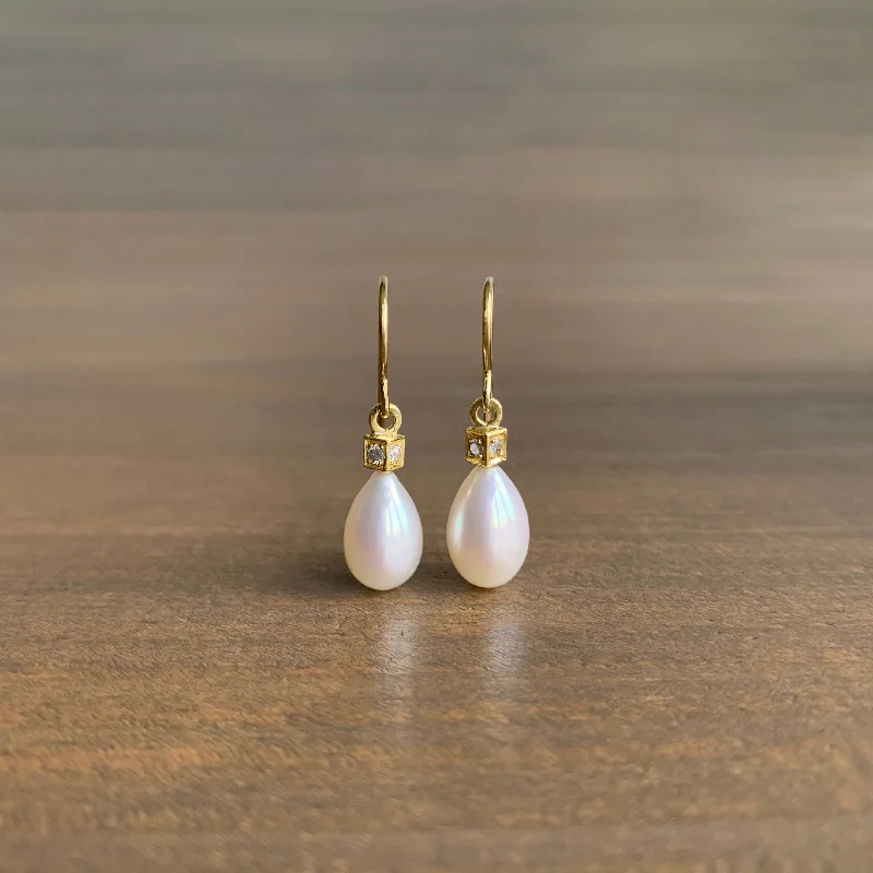 Handmade women's earrings-Pearl & Diamond Cube Earrings