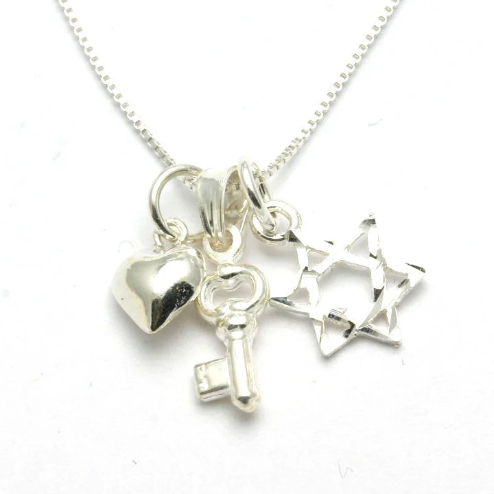 Women's initial necklaces-Sterling Silver Key Heart Star of David Charm Necklace