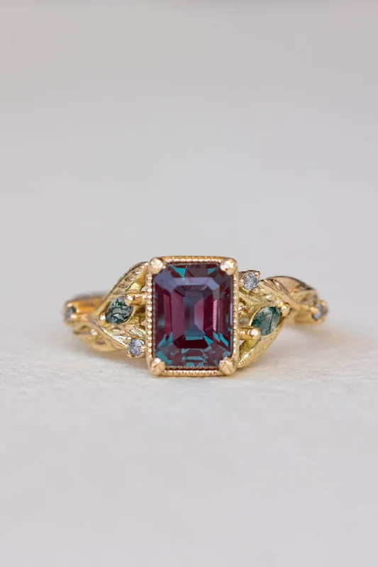 Women's custom engraving rings-READY TO SHIP: Patricia ring in 14K yellow gold, lab alexandrite emerald cut 8x6 mm, accent moss agates and salt&pepper diamonds, AVAILABLE RING SIZES: 5.25 - 8.25 US