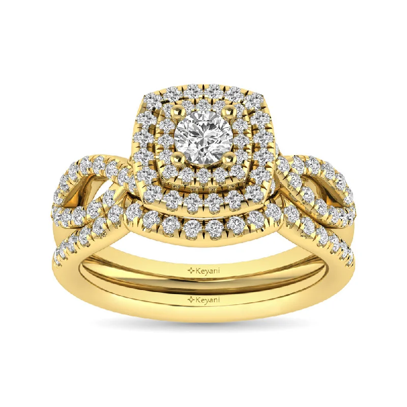 Women's gold rings-Diamond  Twist Shank Double Halo Bridal Ring 1 ct tw Round Cut in 14K Yellow Gold