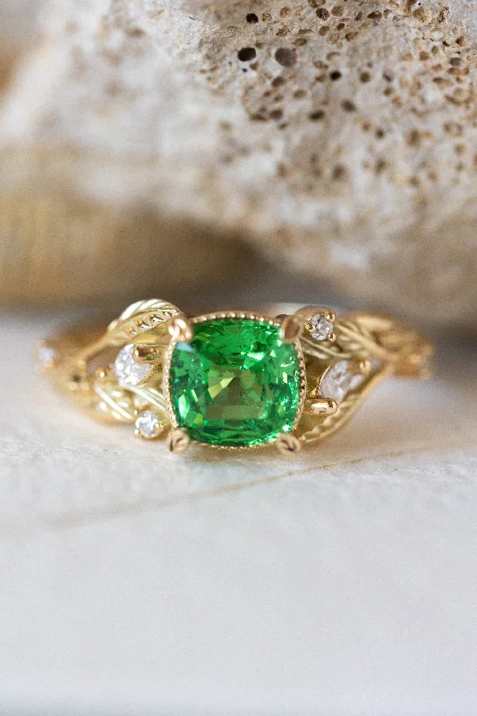 Women's fingerprint rings-READY TO SHIP: Patricia ring in 14K yellow gold, tsavorite garnet cushion cut 6 mm, accent moissanites, AVAILABLE RING SIZES: 5 - 8 US