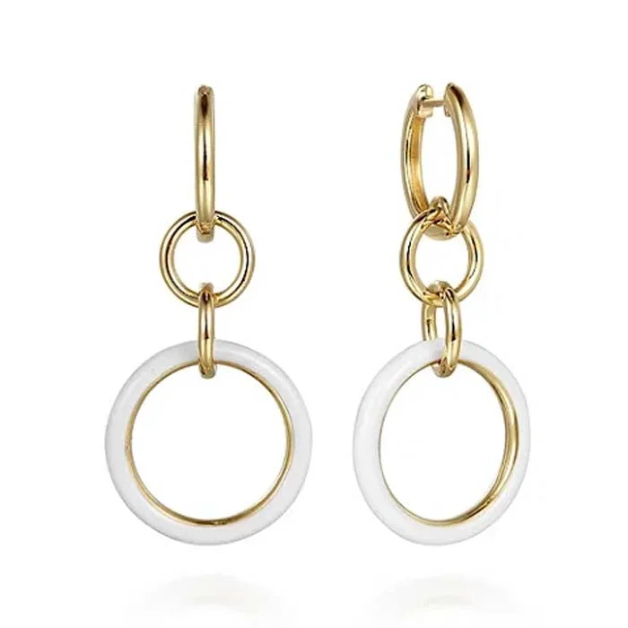 Women's stainless steel earrings-Gabriel & Co. White Enamel Hollow Tube Link Earrings in 14K Yellow Gold