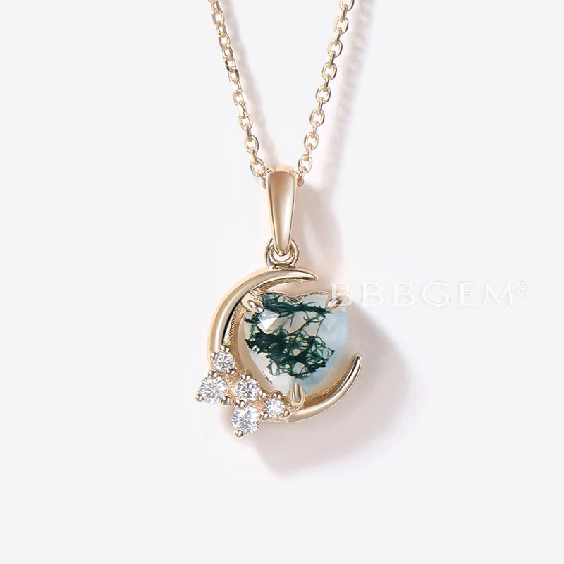 Women's everyday necklaces-14k Gold Crescent Moon Necklace Heart Shaped Moss Agate Pendant