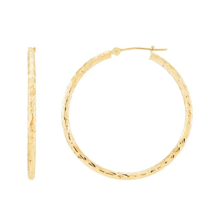 Women's minimalist earrings-Mountz Collection Diamond Cut 2mm x 35mm Round Tube Hoop Earrings in 14K Yellow Gold