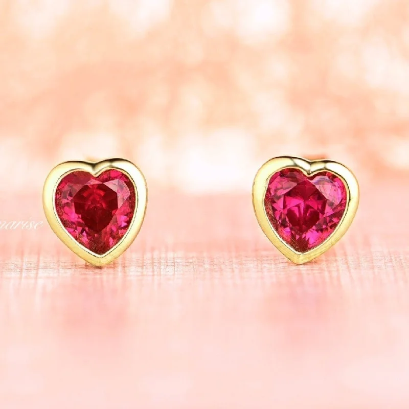 Women's gift earrings-Heart Ruby Earrings- 14K Yellow Gold Vermeil