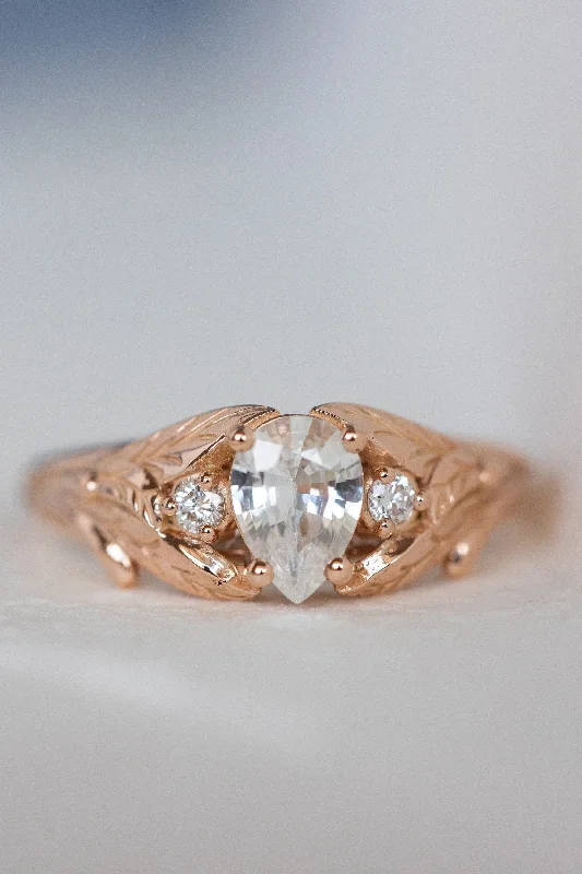 Women's birthstone rings-READY TO SHIP: Wisteria ring in 14K rose gold, natural white sapphire pear cut 7x5 mm, accent natural diamonds, AVAILABLE RING SIZES: 5.5 - 8.5 US