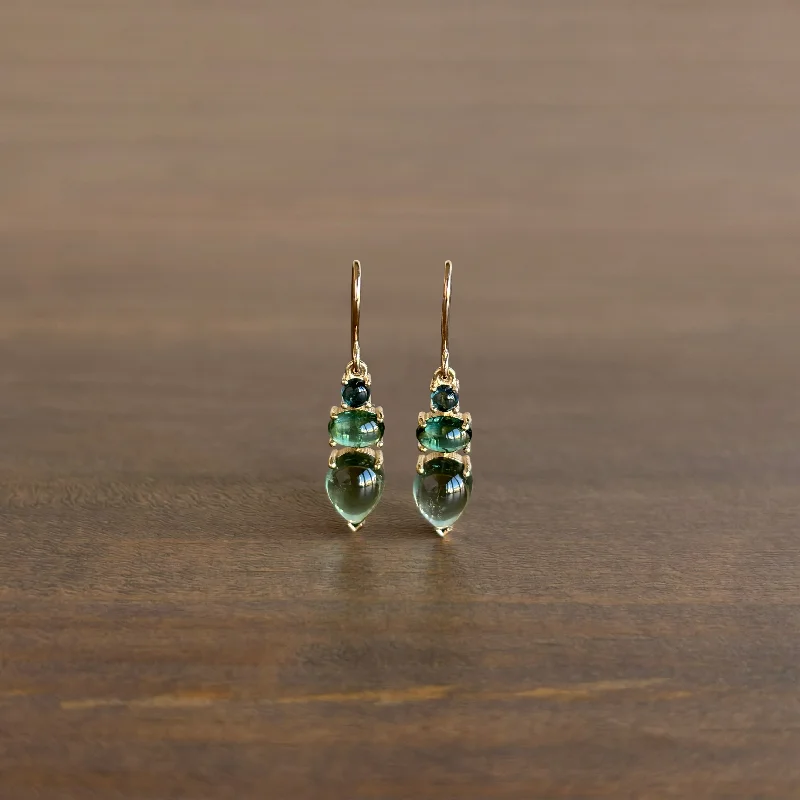 Women's party earrings-Blue-Green Tourmaline Cabochon Trio Earrings