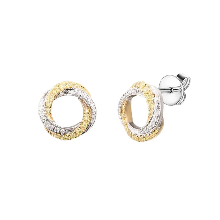 Women's holiday earrings-Mountz Collection  Yellow and White Diamond Interlocking Circle Earrings in 18K White and Yellow Gold