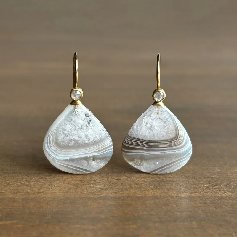 Women's personalized earrings-Botswana Agate Teardrop Earrings with Diamonds